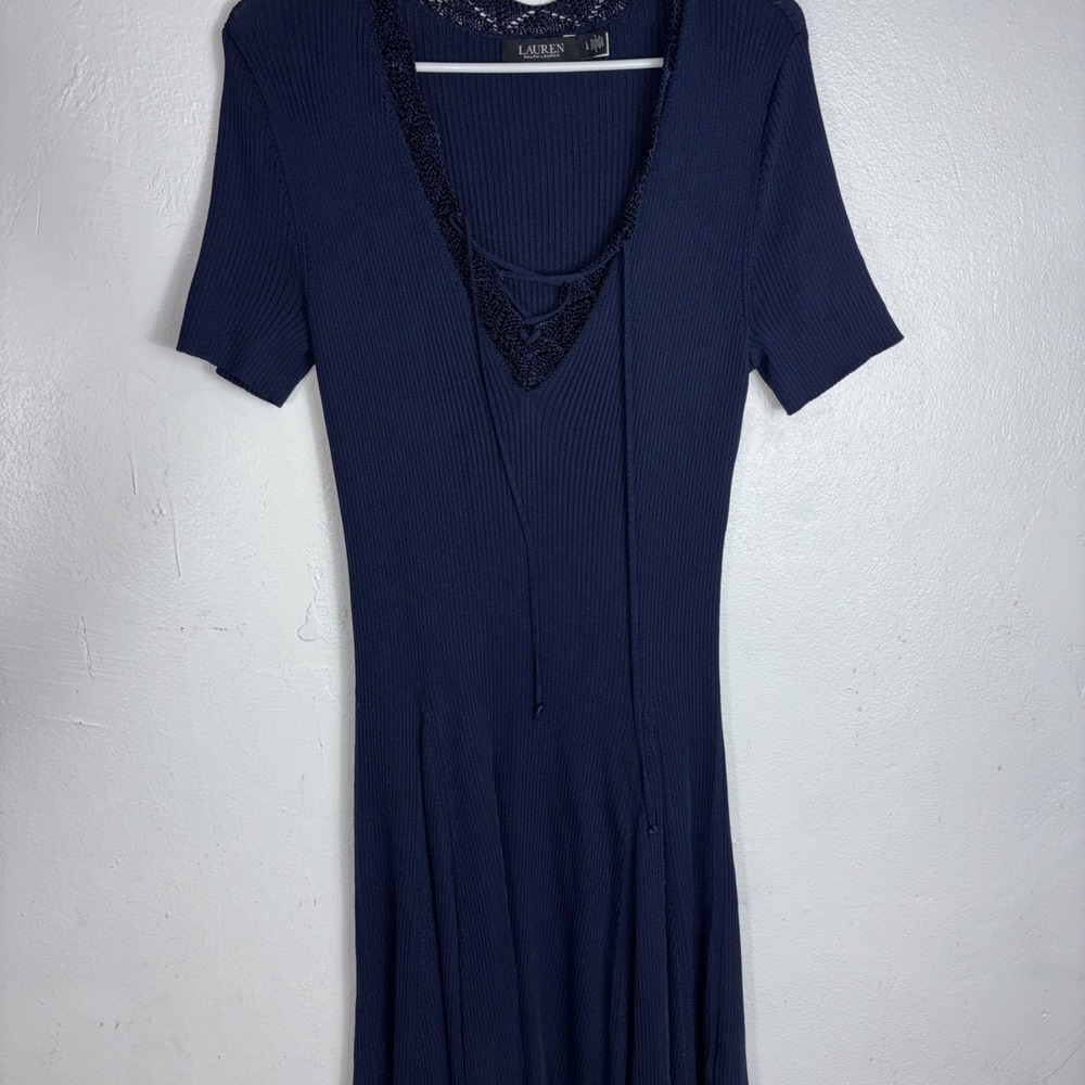 Lauren Ralph Lauren Women's‎ Lace-Trim Rib-Knit Dress Refined Navy Size L $225 - Picture 5 of 12